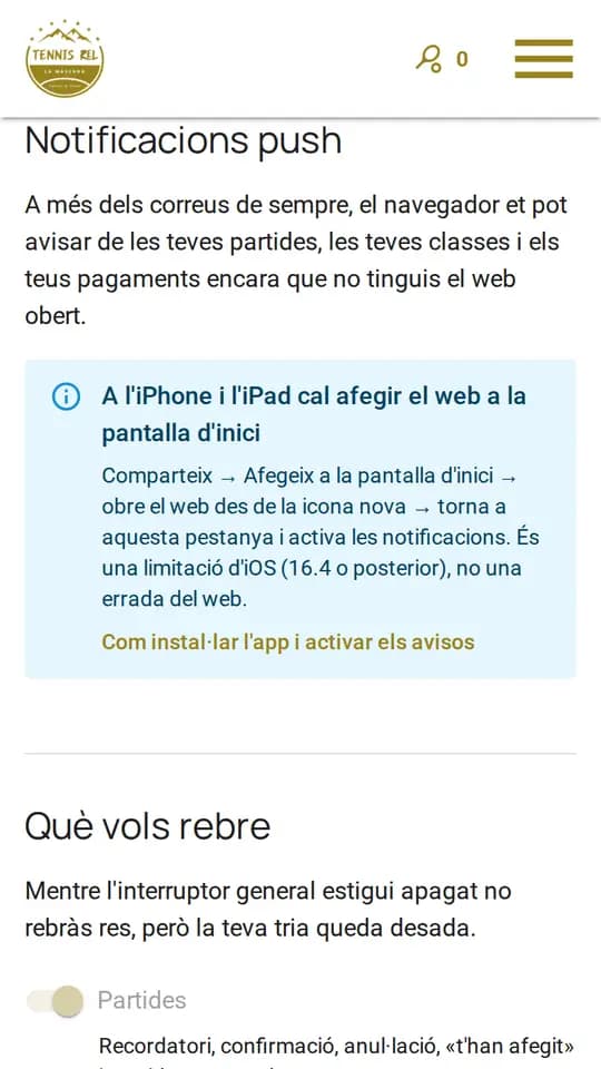 Message de l'iPhone quand le site n'a pas été ouvert depuis l'icône