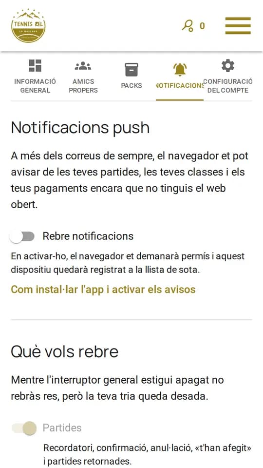L'onglet Notifications avec l'interrupteur désactivé
