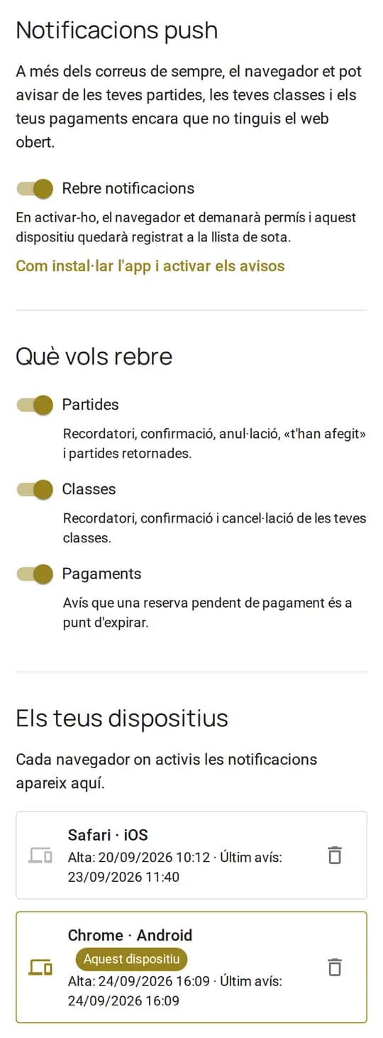 Notifications activées : groupes de notifications et liste des appareils